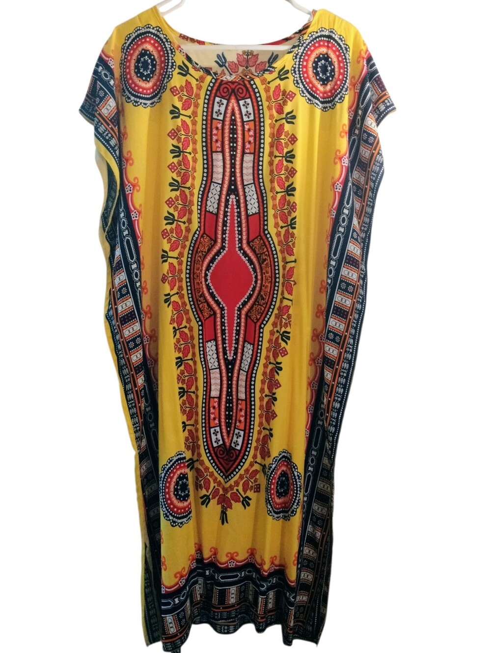 Kaftan Dress Boho Beach Cover Up Yellow Red Size M/L Colorful Tunic Top Cotton